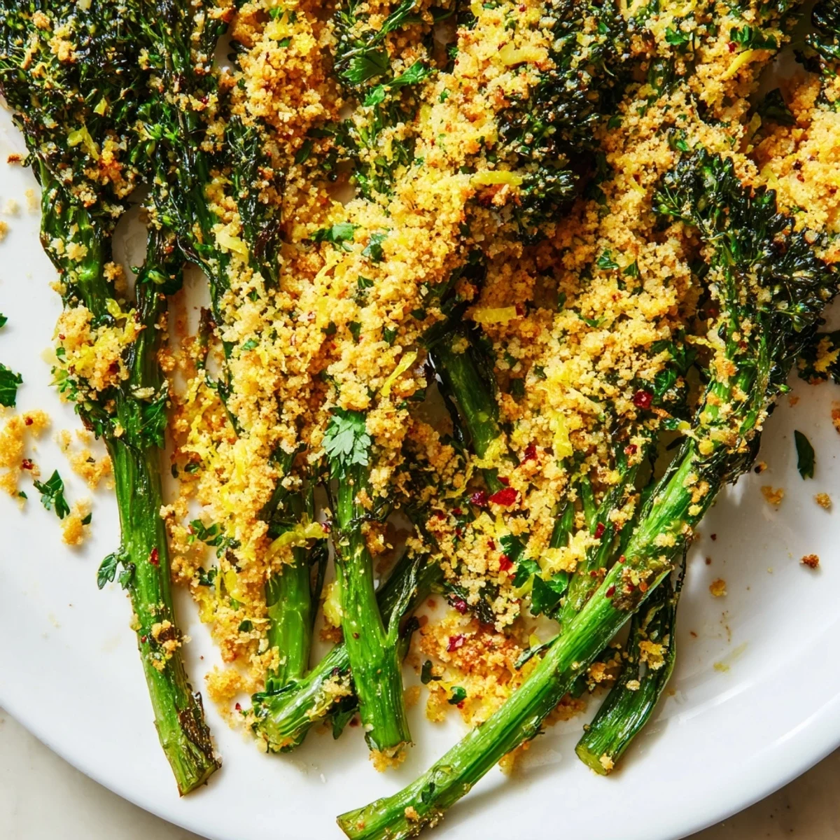 Roasted broccolini with garlic herb crunch drizzled with bright lemon juice