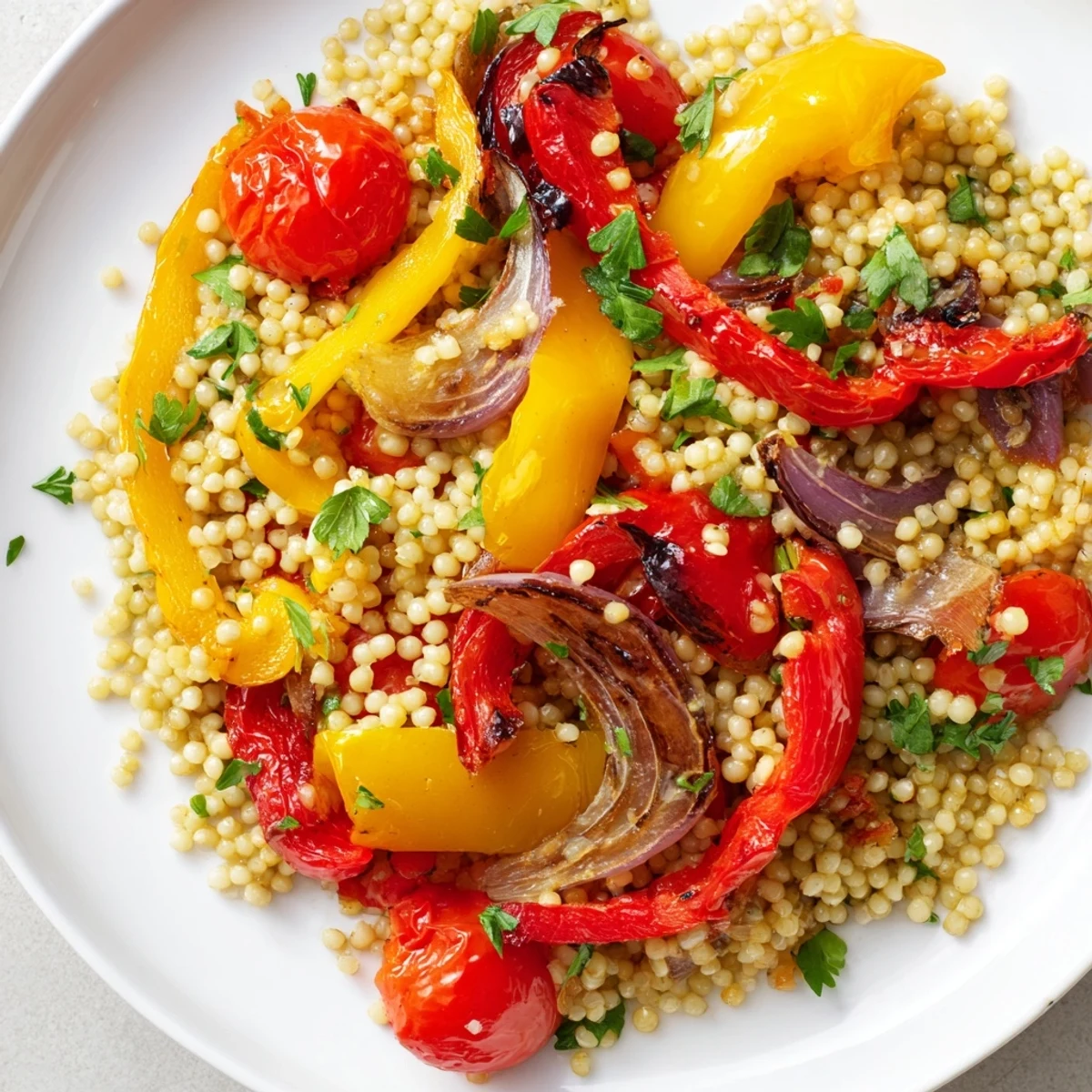 Warm millet and roasted bell pepper salad topped with fresh parsley and cherry tomatoes