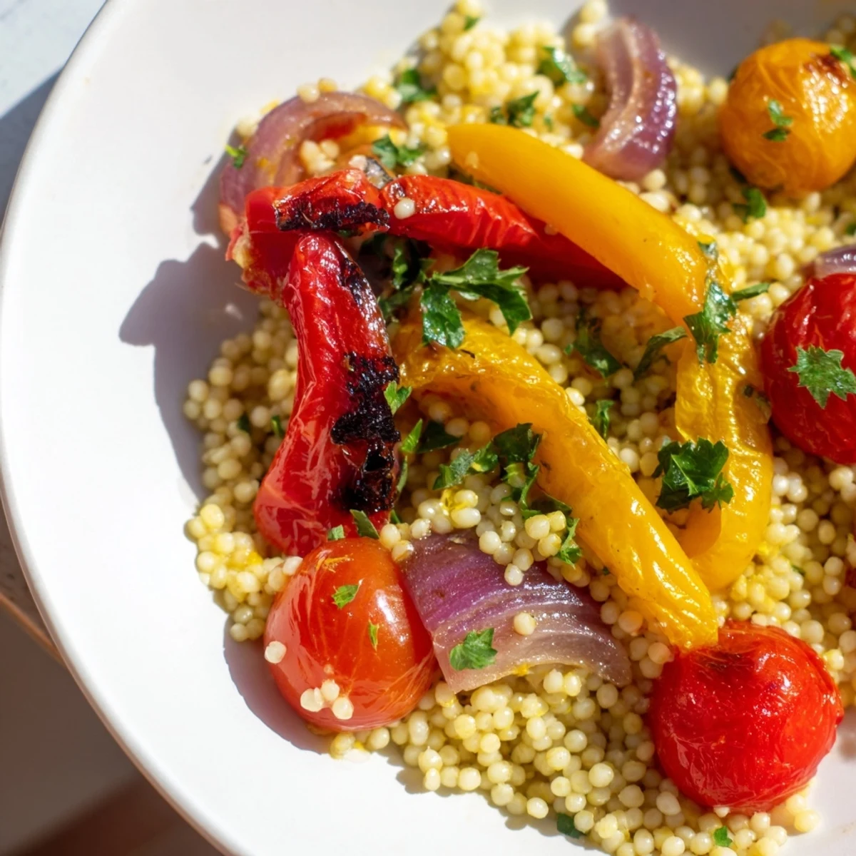 Colorful warm millet and roasted bell pepper salad drizzled with zesty lemon herb dressing