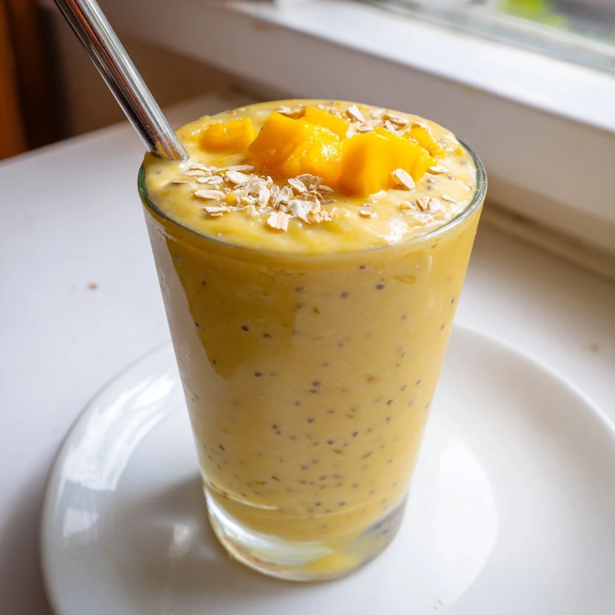 Thick golden pineapple mango oat smoothie swirled with tropical fruit and chia seeds
