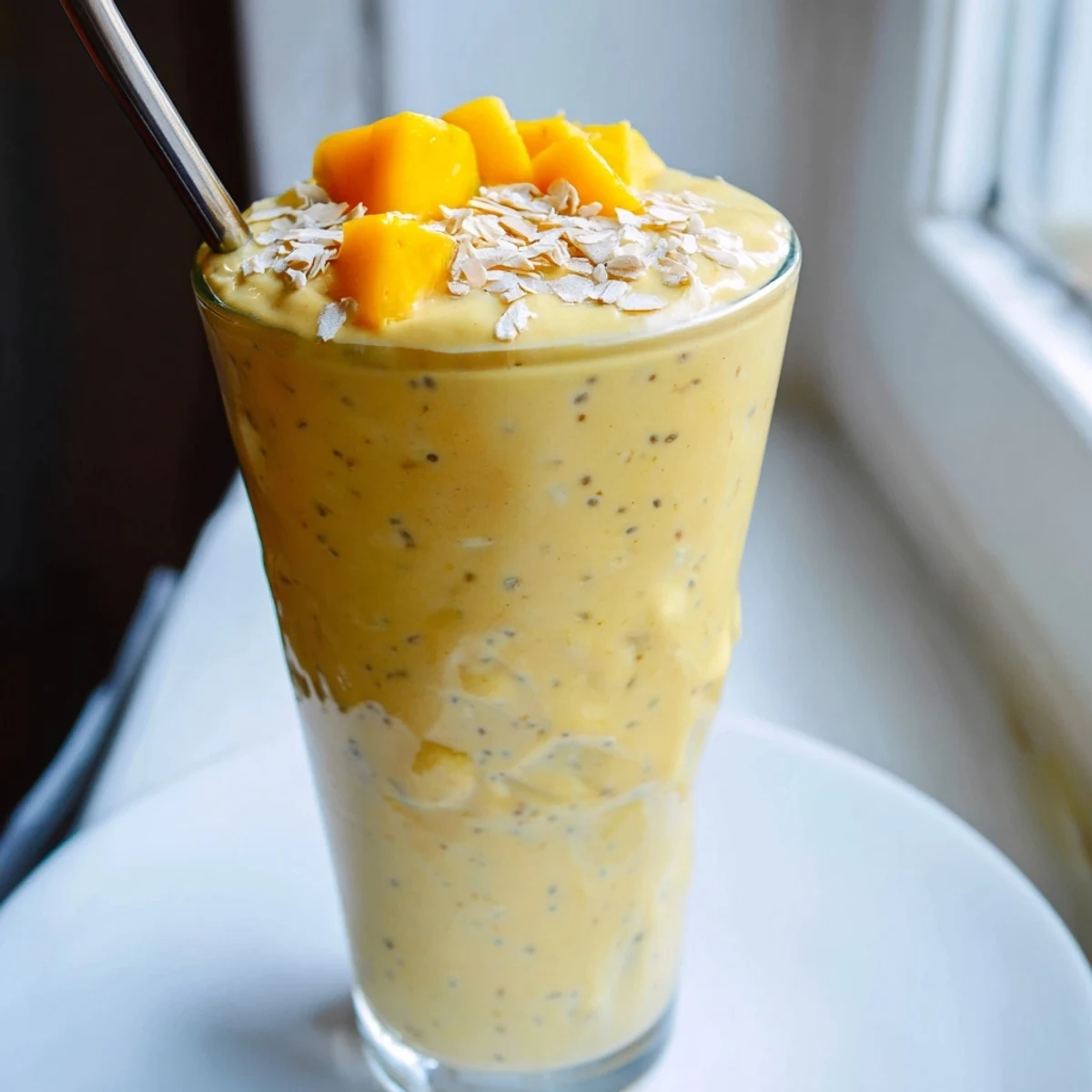 Creamy pineapple mango oat smoothie poured into two tall glasses topped with coconut flakes