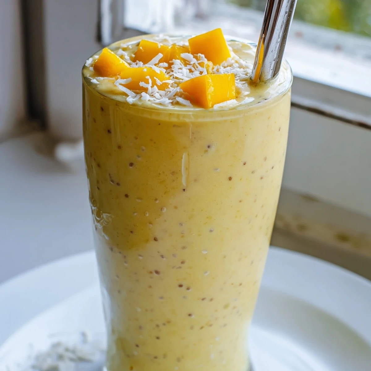 Chilled pineapple mango oat smoothie in a mason jar served beside fresh mango slices