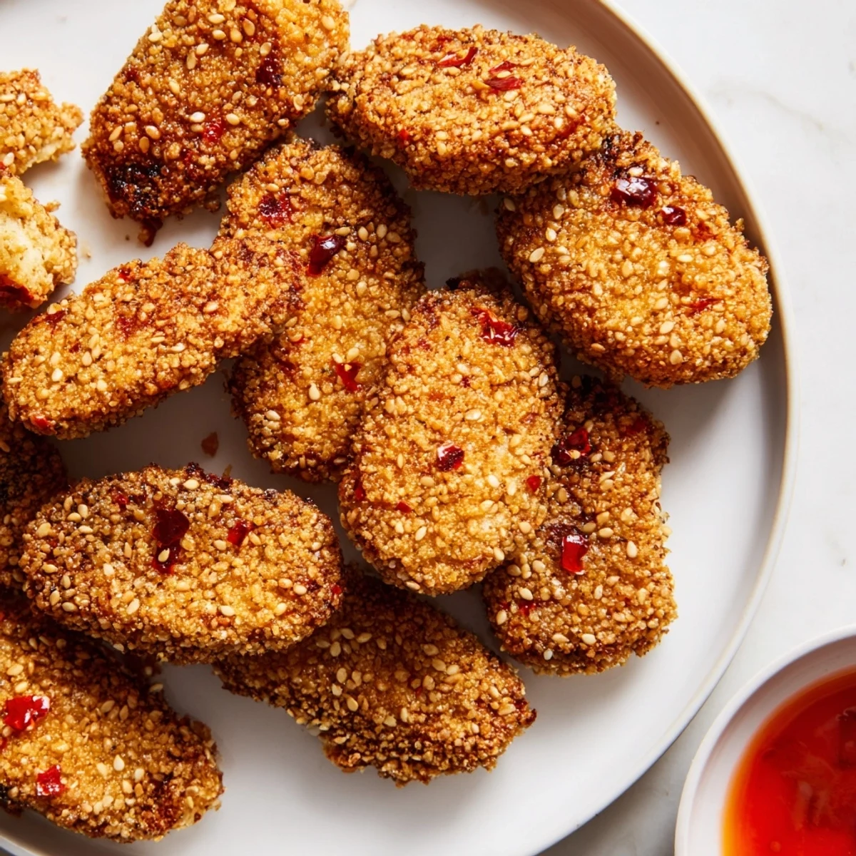 Crispy chili sesame chickpea nuggets with golden panko crust served on rustic parchment paper