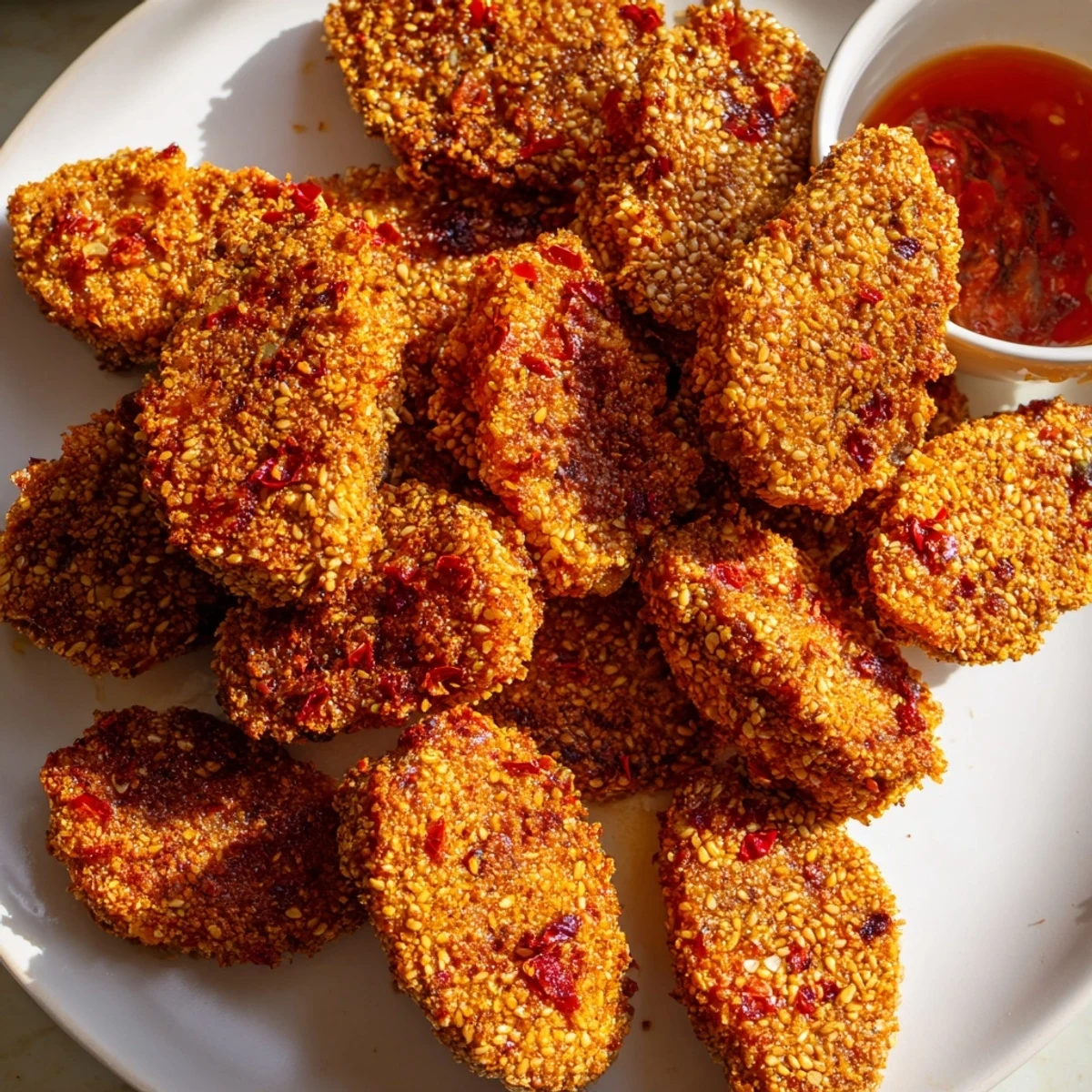 Crunchy baked crispy chili sesame chickpea nuggets coated in toasted sesame and warm spices