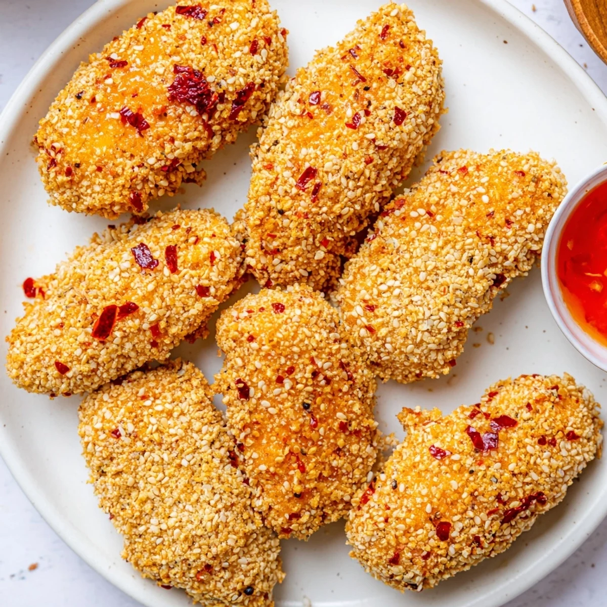 Bowl of crispy chili sesame chickpea nuggets paired with dipping sauce and fresh herbs