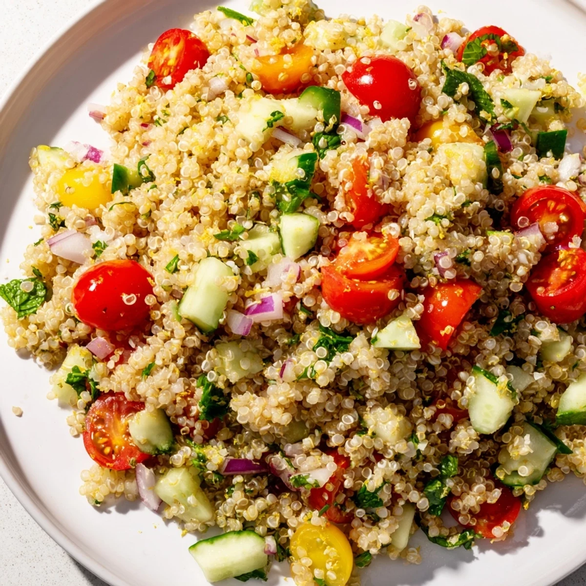 Bright citrus herb quinoa and tomato salad in a rustic serving bowl