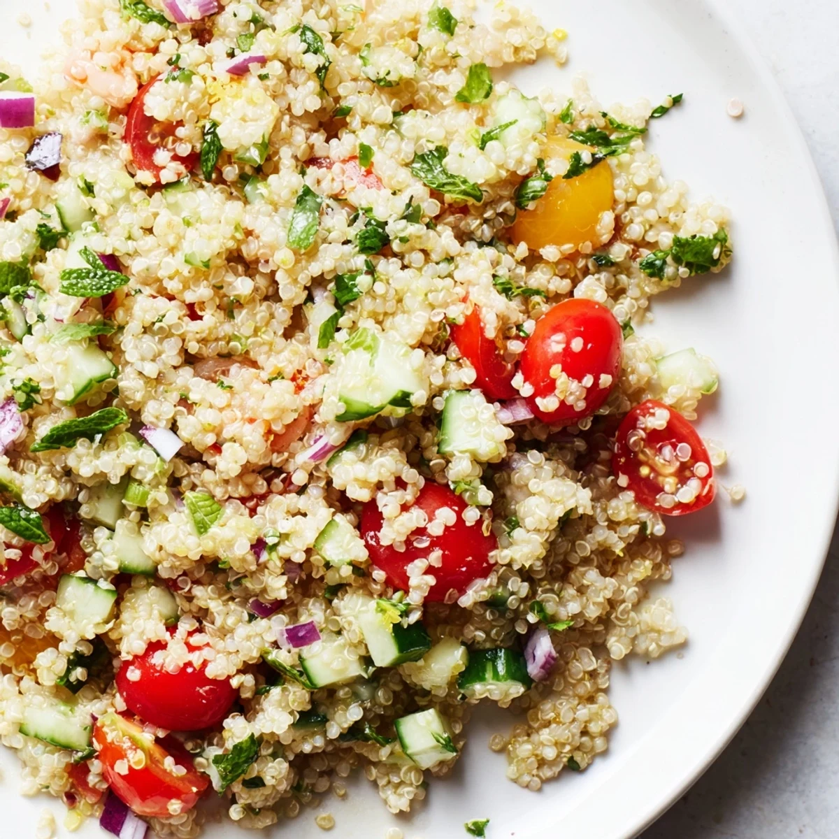 Fluffy citrus herb quinoa and tomato salad garnished with fresh mint leaves
