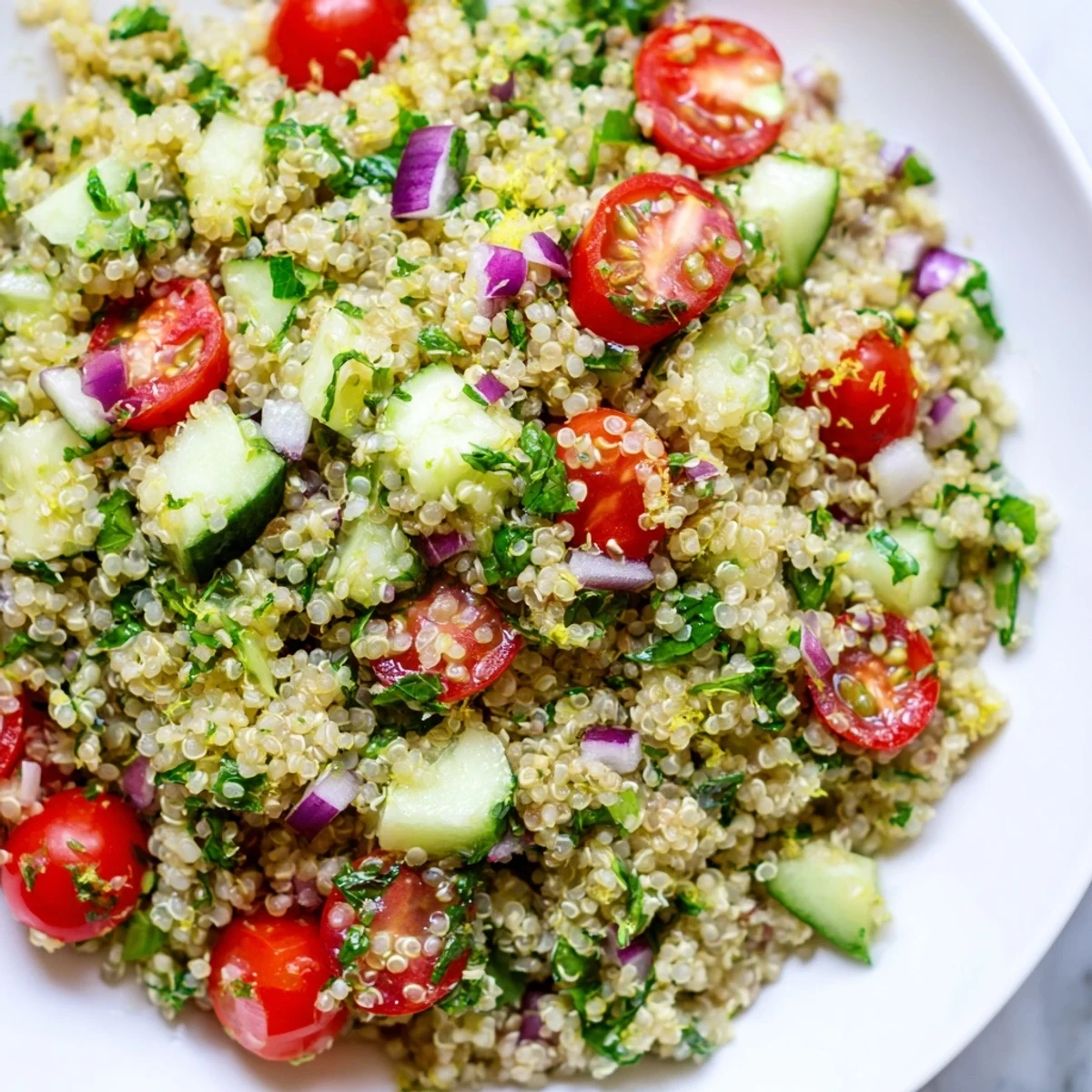 Zesty citrus herb quinoa and tomato salad drizzled with lemon olive oil dressing