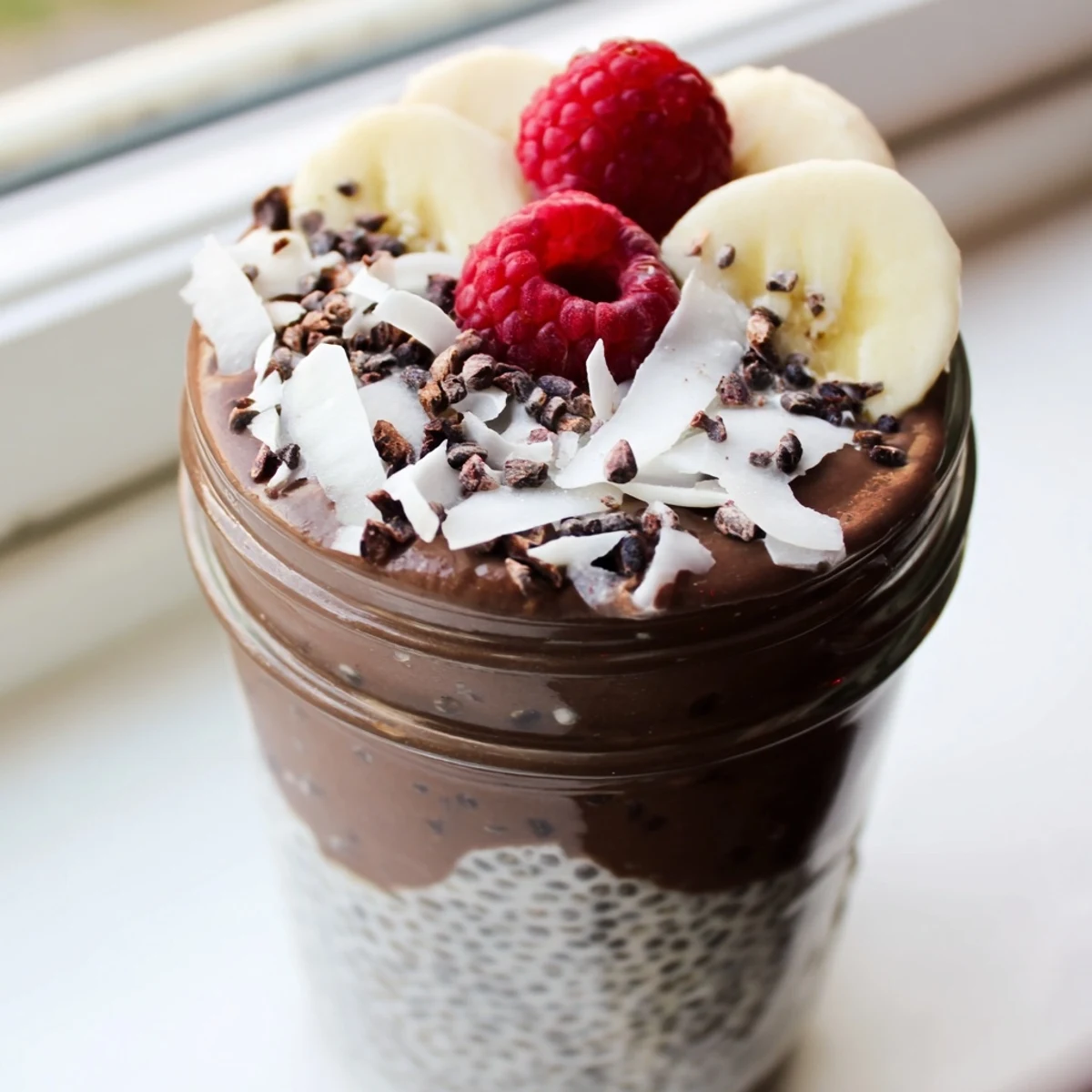 Velvety Cocoa Cashew Coconut Chia Cream layered in glasses topped with fresh berries