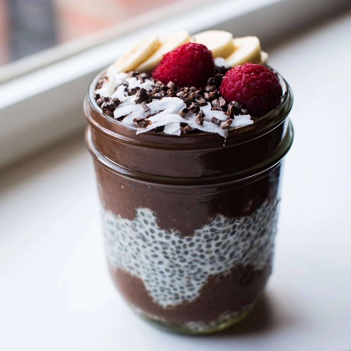 Luscious Cocoa Cashew Coconut Chia Cream served in jars with cacao nib garnish