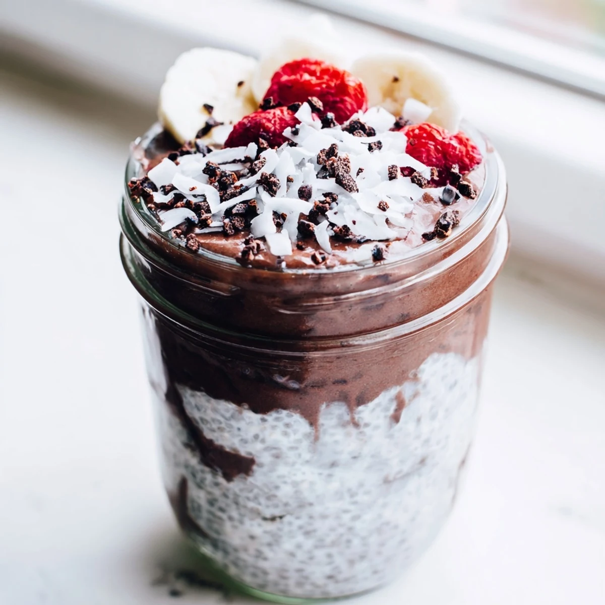 Creamy cocoa cashew coconut chia cream swirled with dark chocolate shavings and coconut