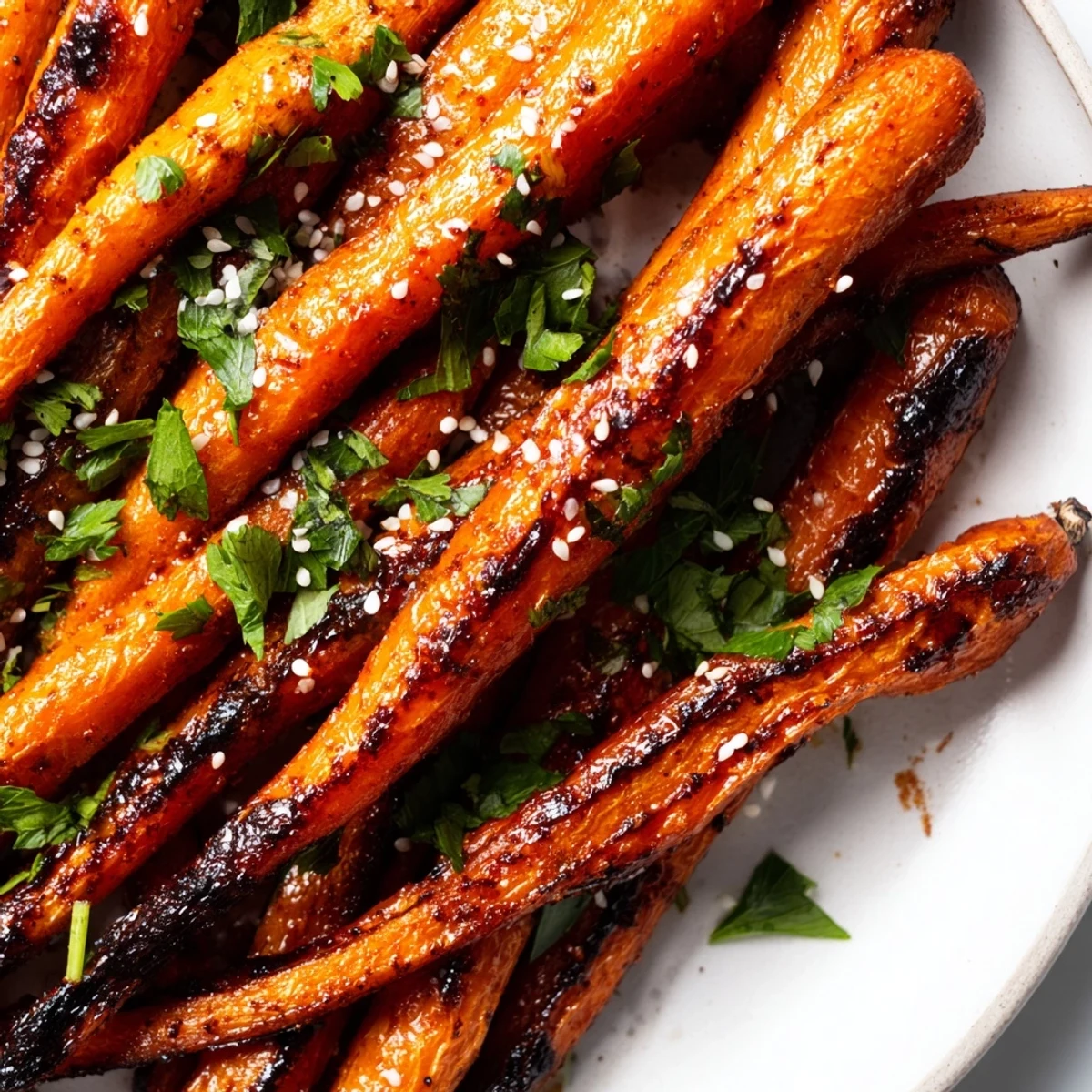 Smoky roasted carrot spears with caramelized edges on a rustic parchment-lined baking sheet