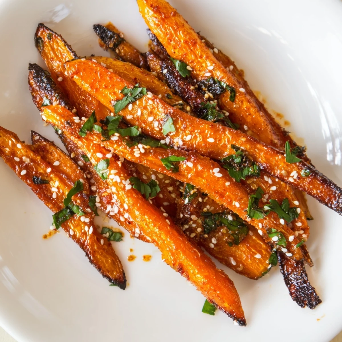 Golden smoky roasted carrot spears garnished with fresh parsley and sesame seeds