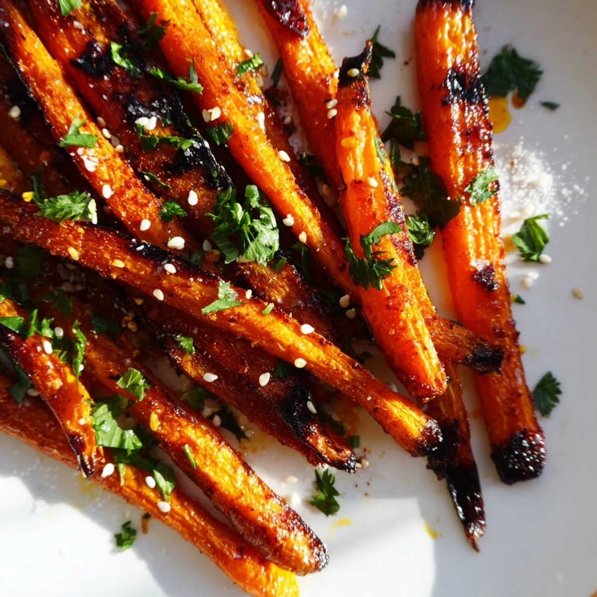 Tender smoky roasted carrot spears served with bright lemon wedges on a white platter