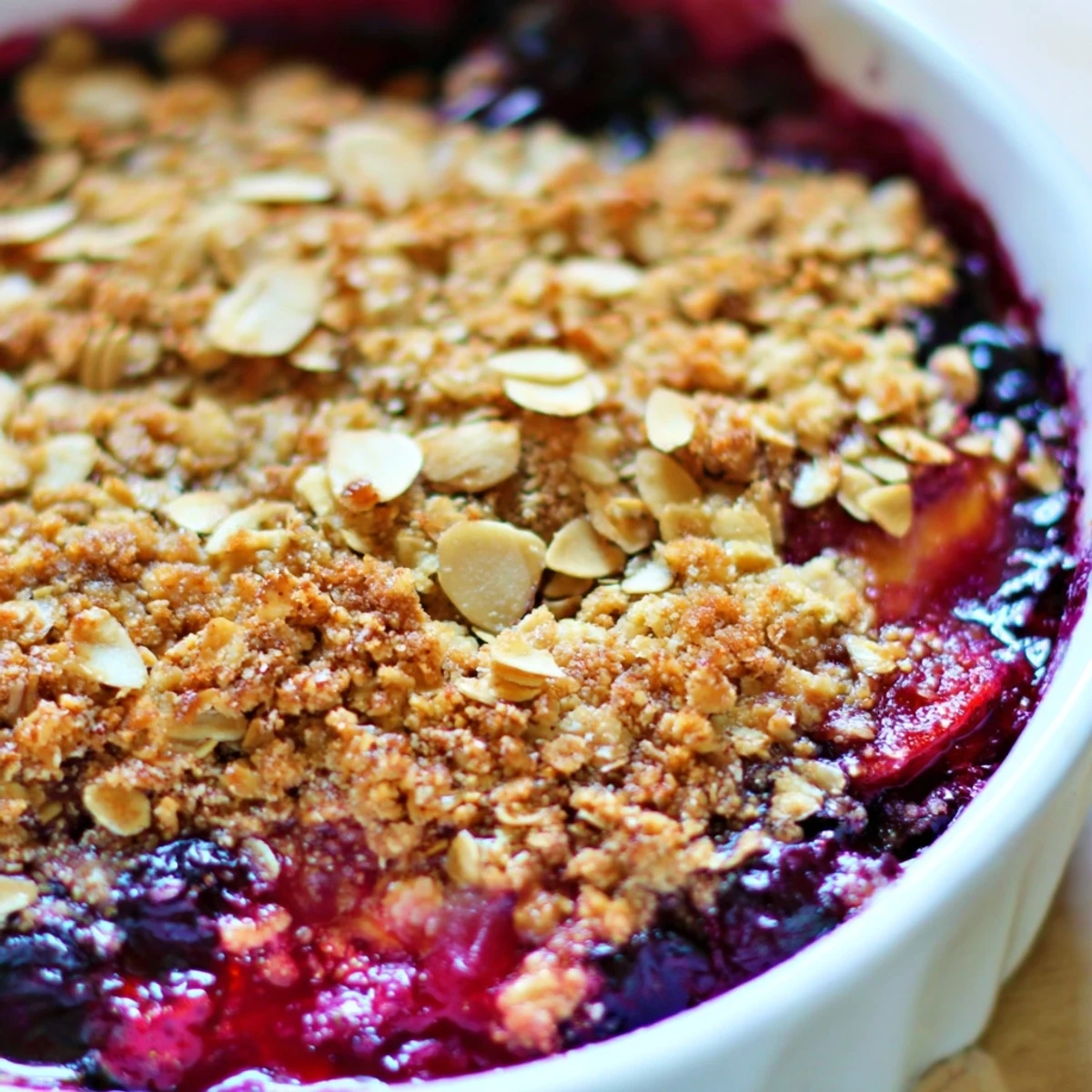 Golden Vanilla Almond Berry Bake with bubbling mixed berries and crunchy oat almond topping