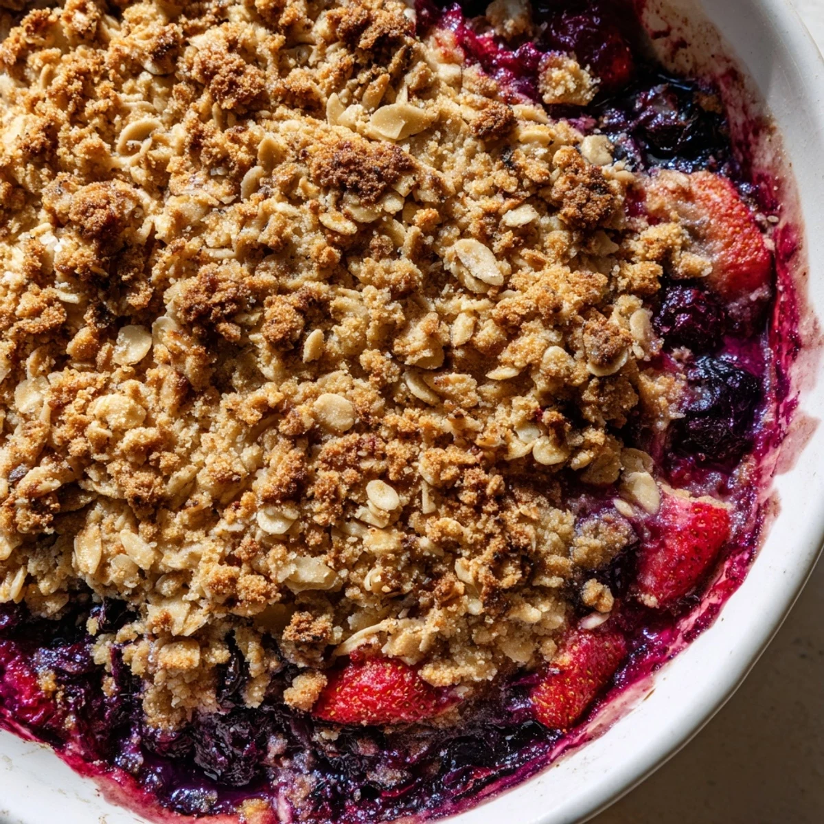 Warm Vanilla Almond Berry Bake served in a rustic dish with juicy berries