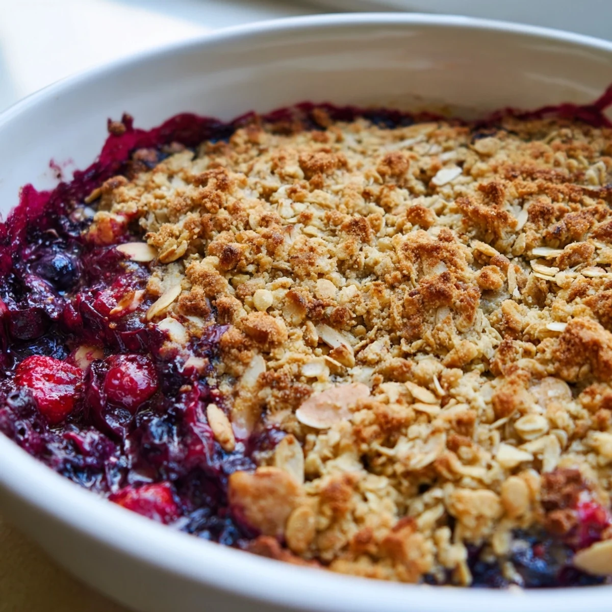 Vanilla Almond Berry Bake topped with crispy sliced almonds and sweet berry filling