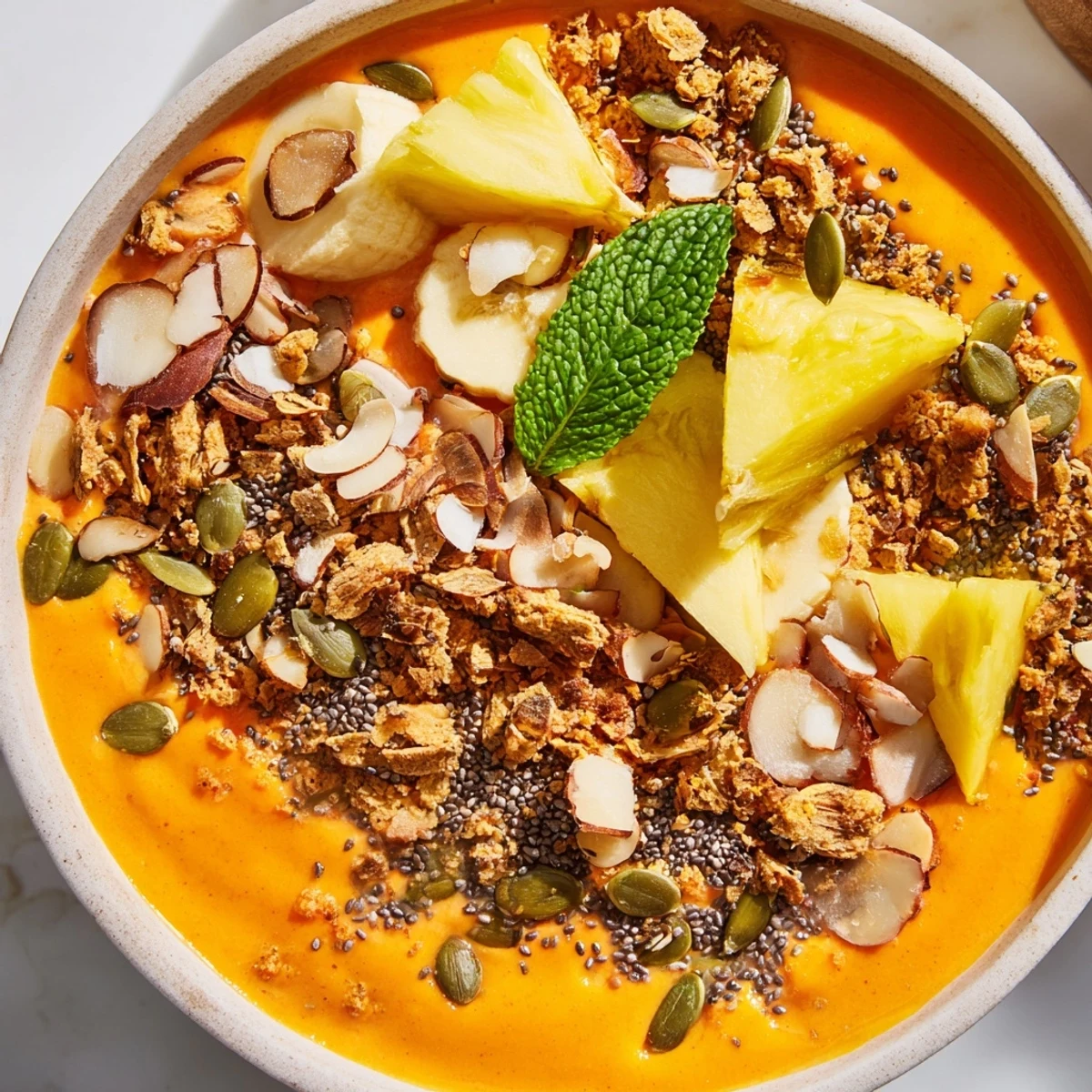 Bright papaya pineapple coconut smoothie bowl topped with golden chia crunch granola in a rustic ceramic dish