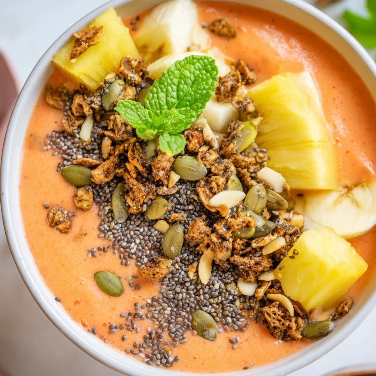Vibrant yellow papaya pineapple coconut smoothie bowl crowned with crunchy pumpkin seeds, coconut flakes, and fresh fruit
