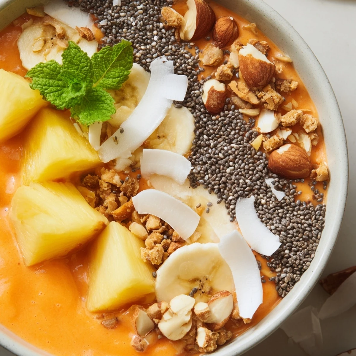 Thick and creamy tropical smoothie bowl swirled with fresh papaya, pineapple, and shredded coconut garnished with chia seeds