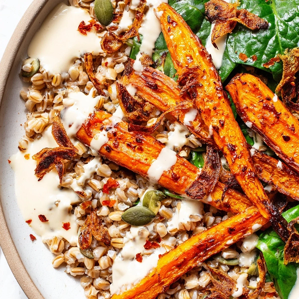 Roasted Carrot Tahini Farro Grain Bowl drizzled with creamy dressing and topped with golden crispy shallots