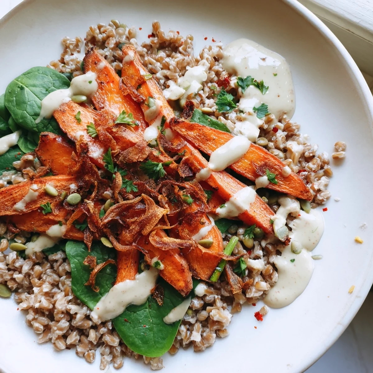 A colorful Roasted Carrot Tahini Farro Grain Bowl served over fresh greens with crunchy pumpkin seeds