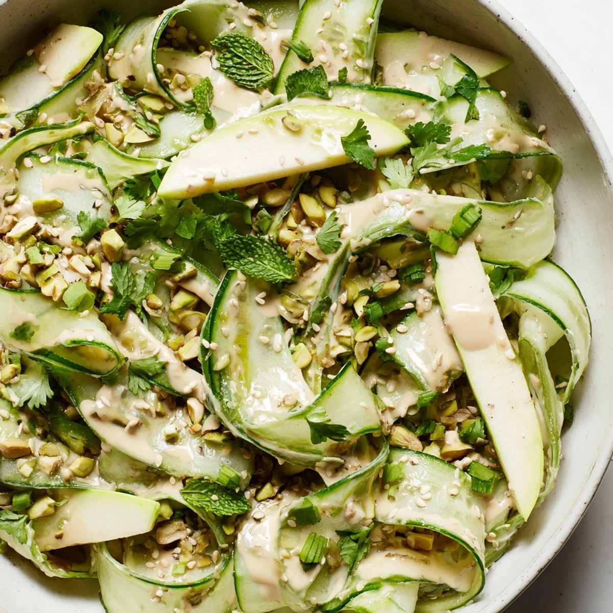 A vibrant cucumber apple pistachio salad drizzled with creamy sesame dressing in a serving bowl