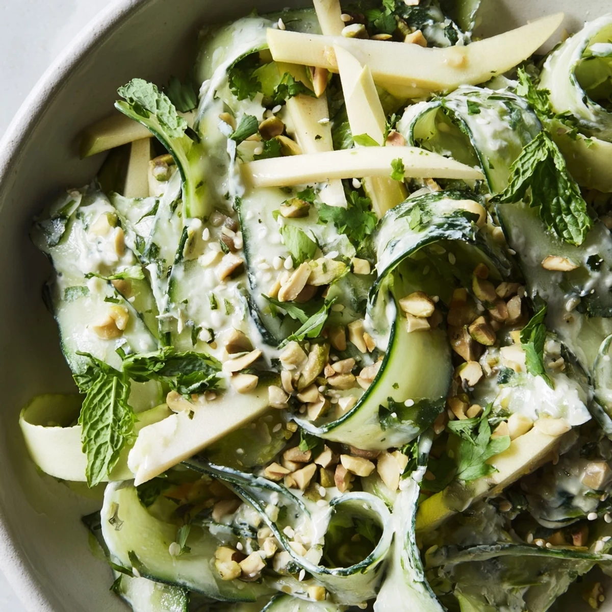 Thin ribbons of cucumber and apple tossed with pistachios and fresh herbs in sesame dressing