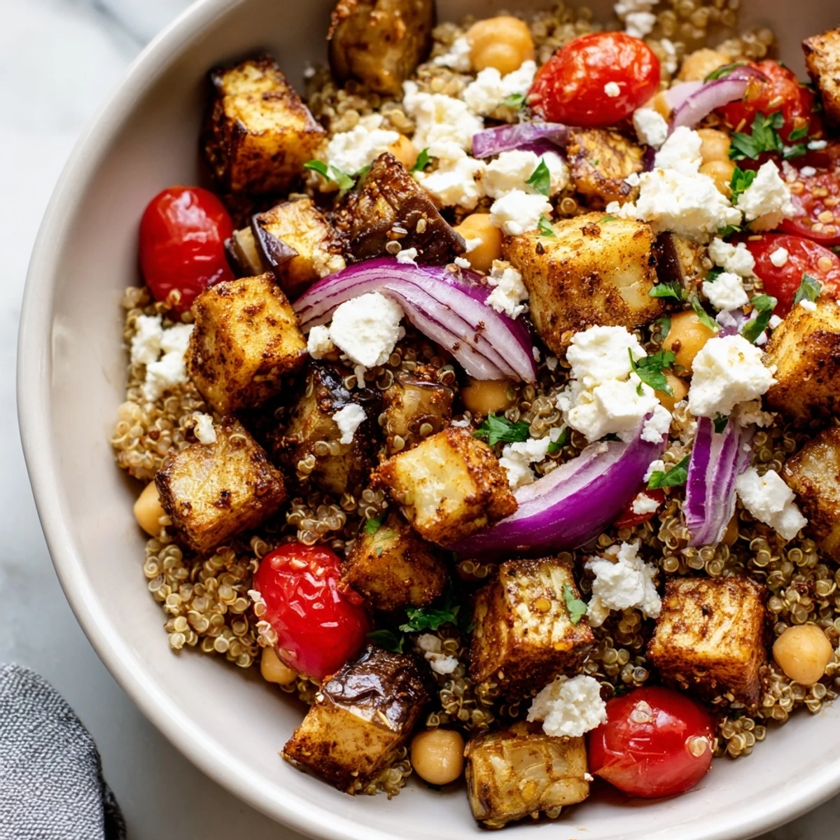 Colorful Mediterranean grain bowl featuring golden roasted eggplant, chickpeas, and tangy feta crumble