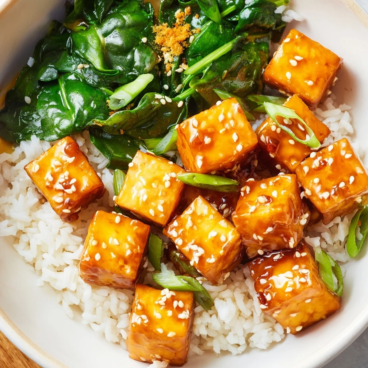Crispy glazed tofu in sticky orange ginger sauce served over fluffy white rice with sesame greens