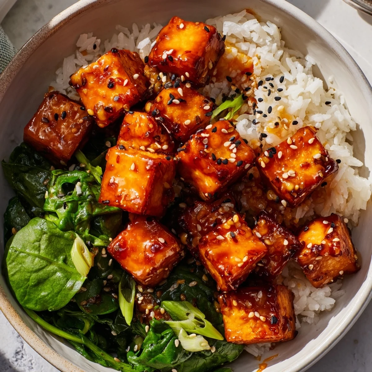 Golden pan-fried tofu coated in glossy orange ginger glaze nestled atop steamed rice and wilted sesame spinach