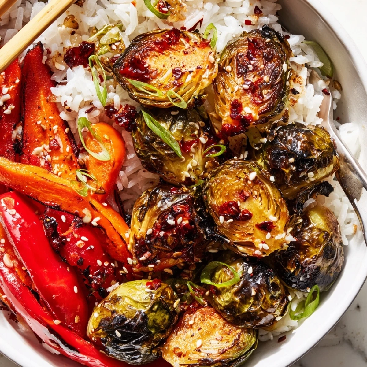 Spicy chili crisp roasted Brussels sprout veggie bowl glistening with sesame seeds