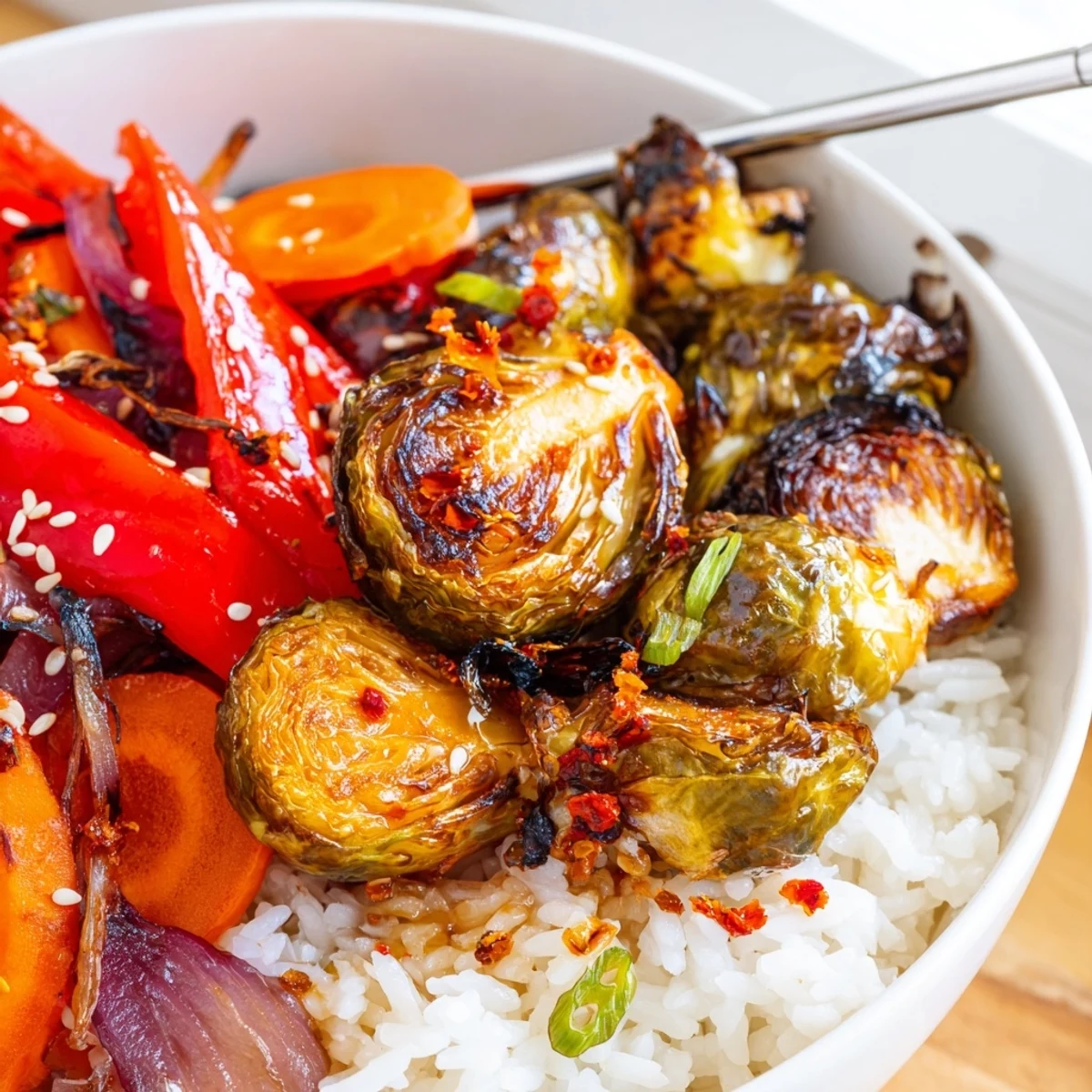 Roasted Brussels sprouts topped with fiery chili crisp and golden sesame seeds