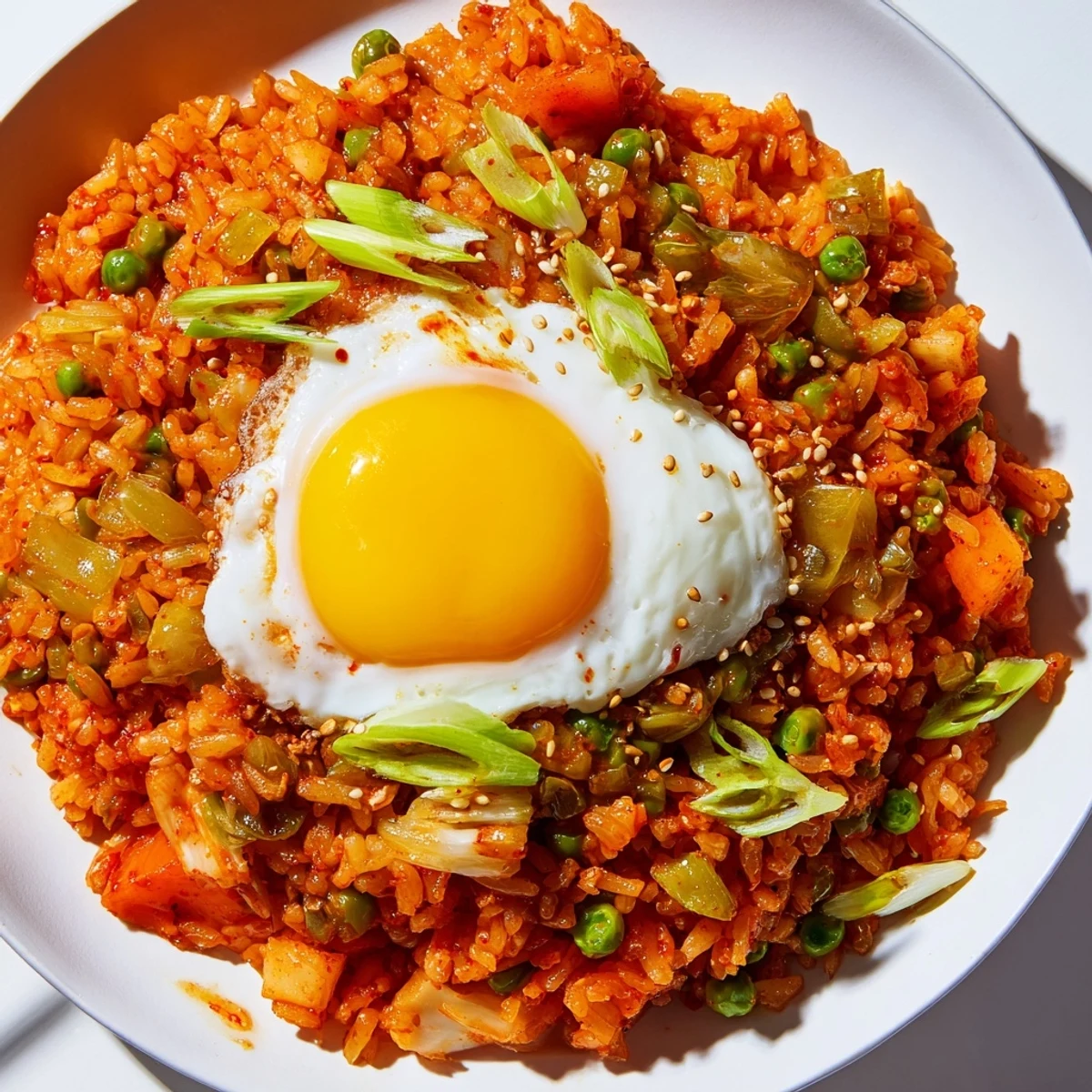 Steaming plate of spicy kimchi garlic chili fried rice glistening with sesame oil and crispy scallions