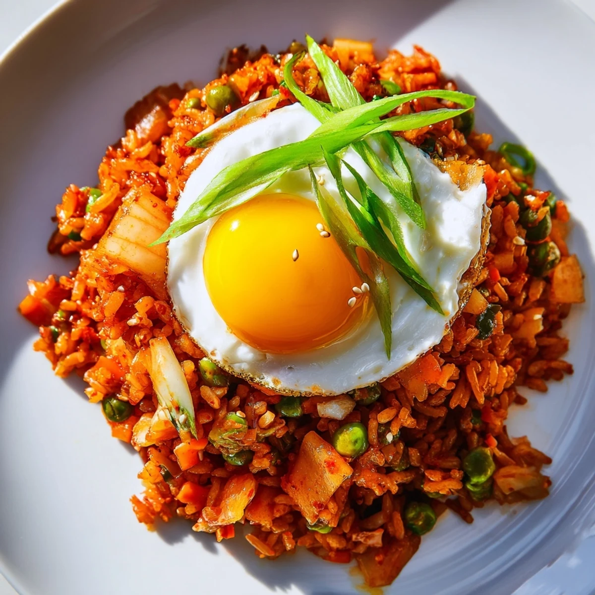 A vibrant bowl of kimchi garlic chili fried rice topped with golden crispy scallions and a fried egg