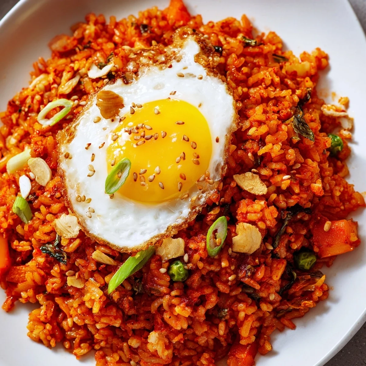 Sizzling wok of kimchi garlic chili fried rice studded with caramelized vegetables and crunchy scallion garnish