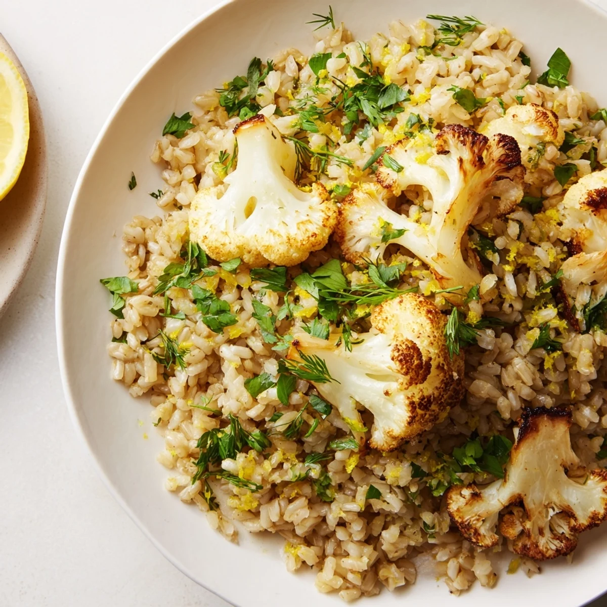 Golden roasted cauliflower crowns nestled atop a bed of fluffy garlic lemon herb brown rice with fresh parsley