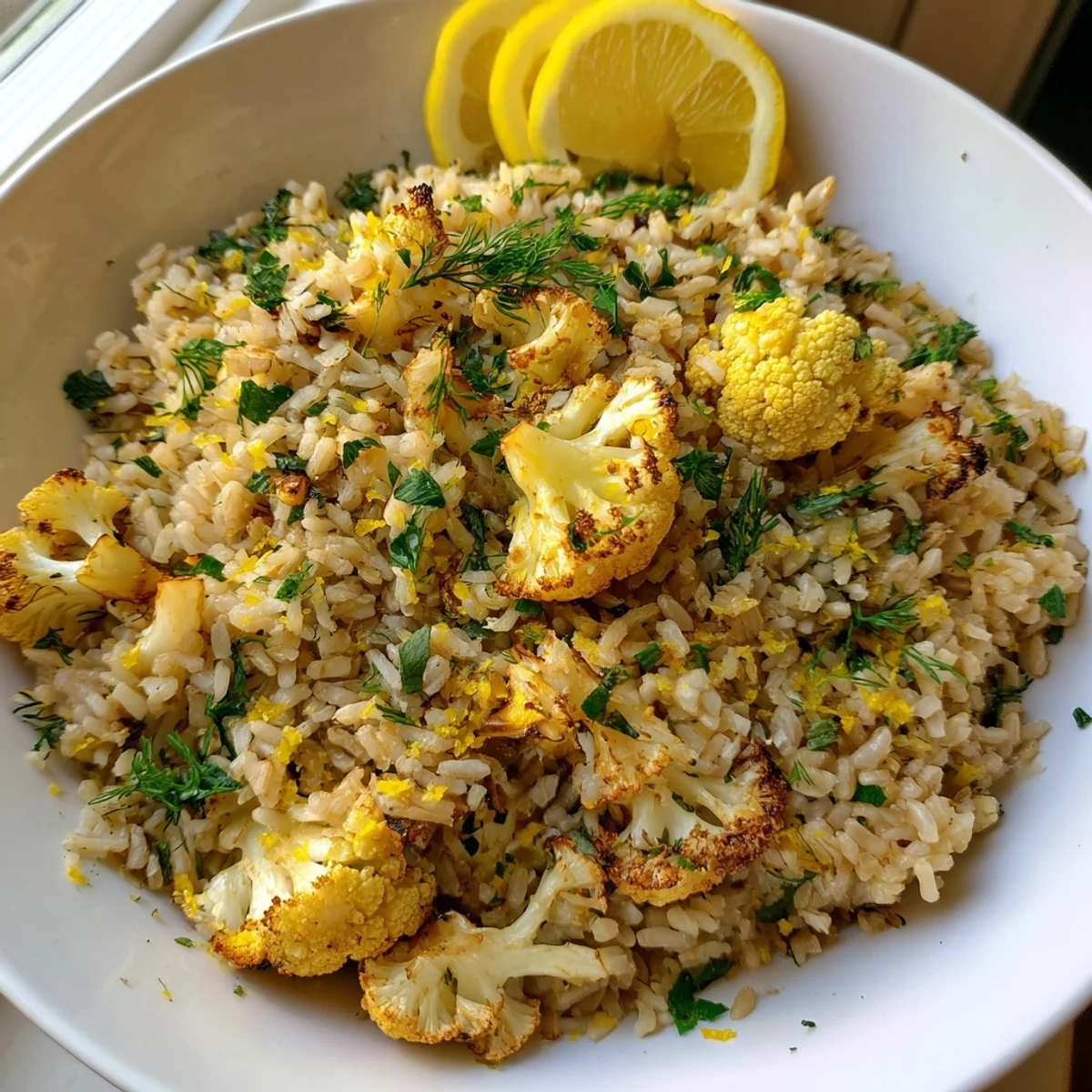 Vibrant garlic lemon herb brown rice studded with tender golden cauliflower florets finished with chopped fresh dill