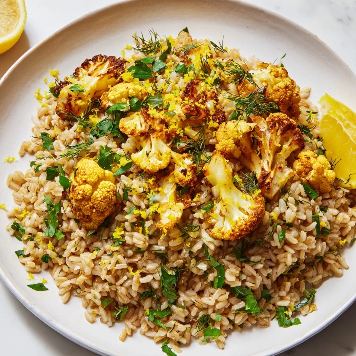 Steaming bowl of garlic lemon herb brown rice topped with caramelized paprika roasted cauliflower and bright lemon wedges
