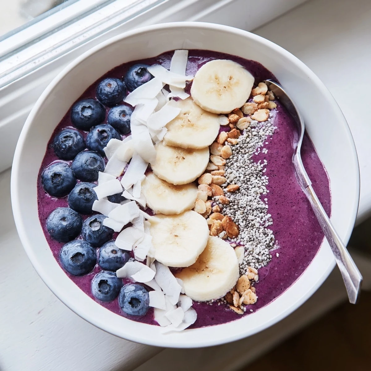Vibrant Blueberry Banana Almond Smoothie Bowl drizzled with honey and sprinkled with coconut flakes