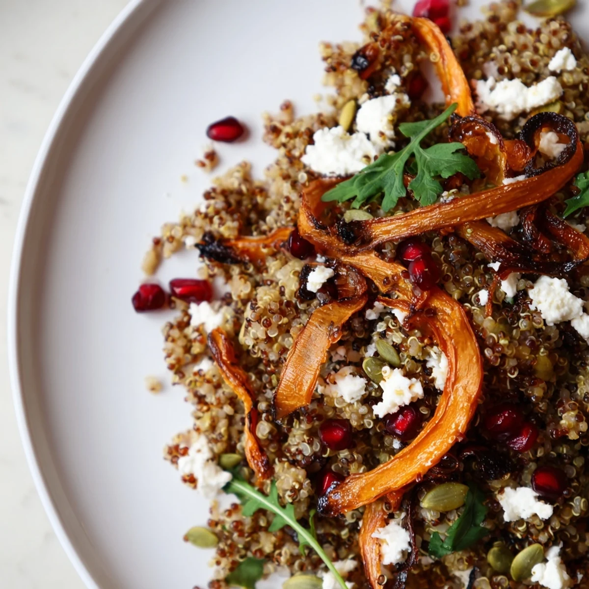 Warm quinoa and roasted carrot ribbon salad topped with pomegranate seeds and feta cheese