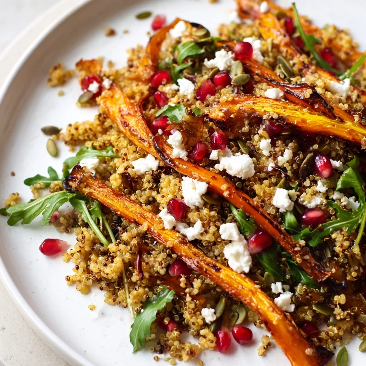 Golden roasted carrot ribbons nestled in fluffy warm quinoa and roasted carrot ribbon salad