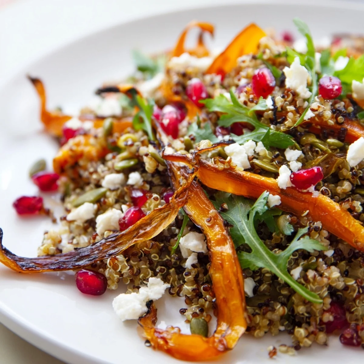 Colorful warm quinoa and roasted carrot ribbon salad drizzled with bright citrus honey dressing