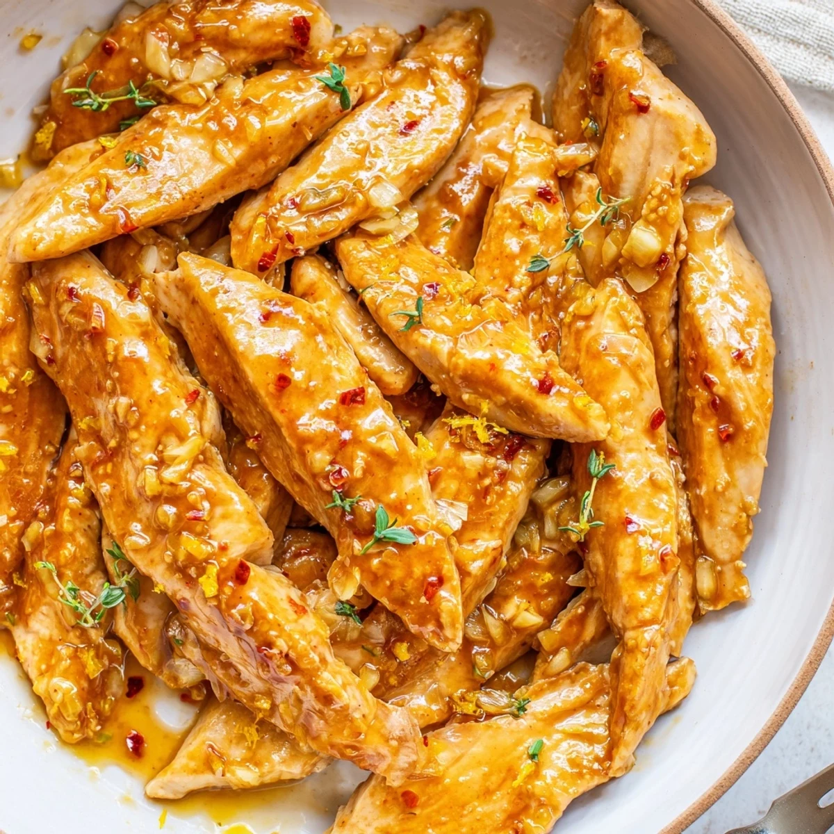 Golden turkey strips glistening with tangy citrus garlic glaze in a cast-iron skillet.