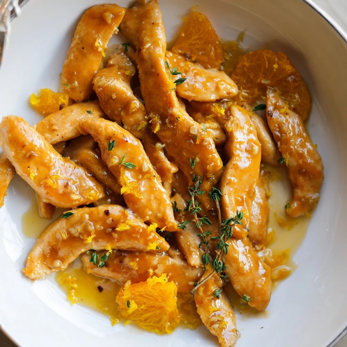Juicy glazed turkey pieces coated in a glossy orange and garlic skillet sauce.