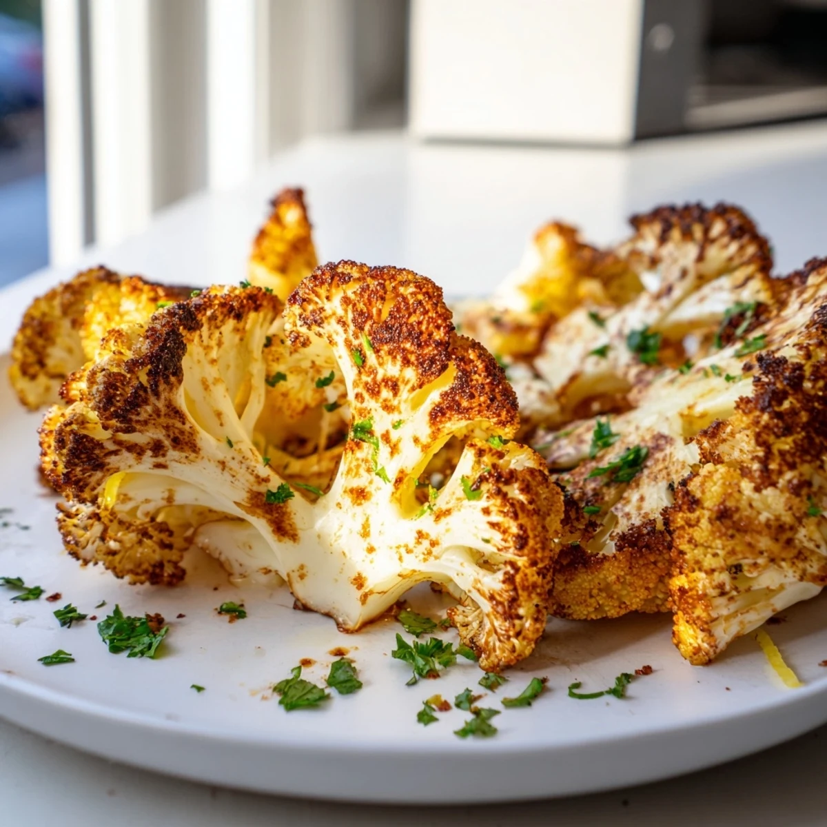 Golden smoky roasted cauliflower spears with crisp edges on a parchment-lined baking sheet