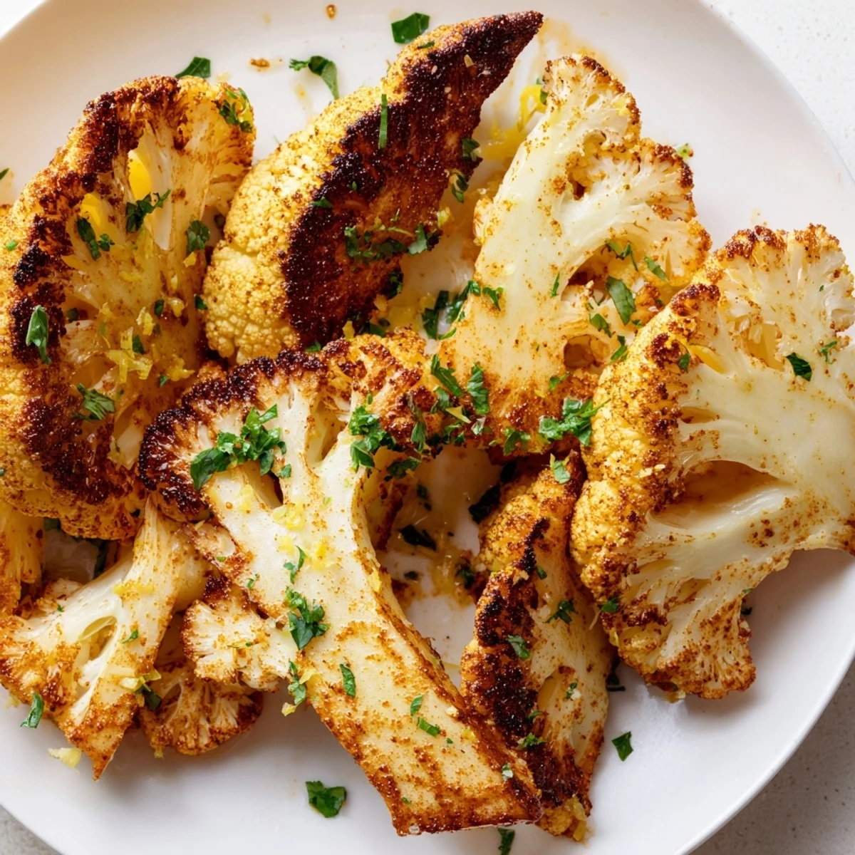 Smoky roasted cauliflower spears drizzled with lemon juice and garnished with fresh parsley