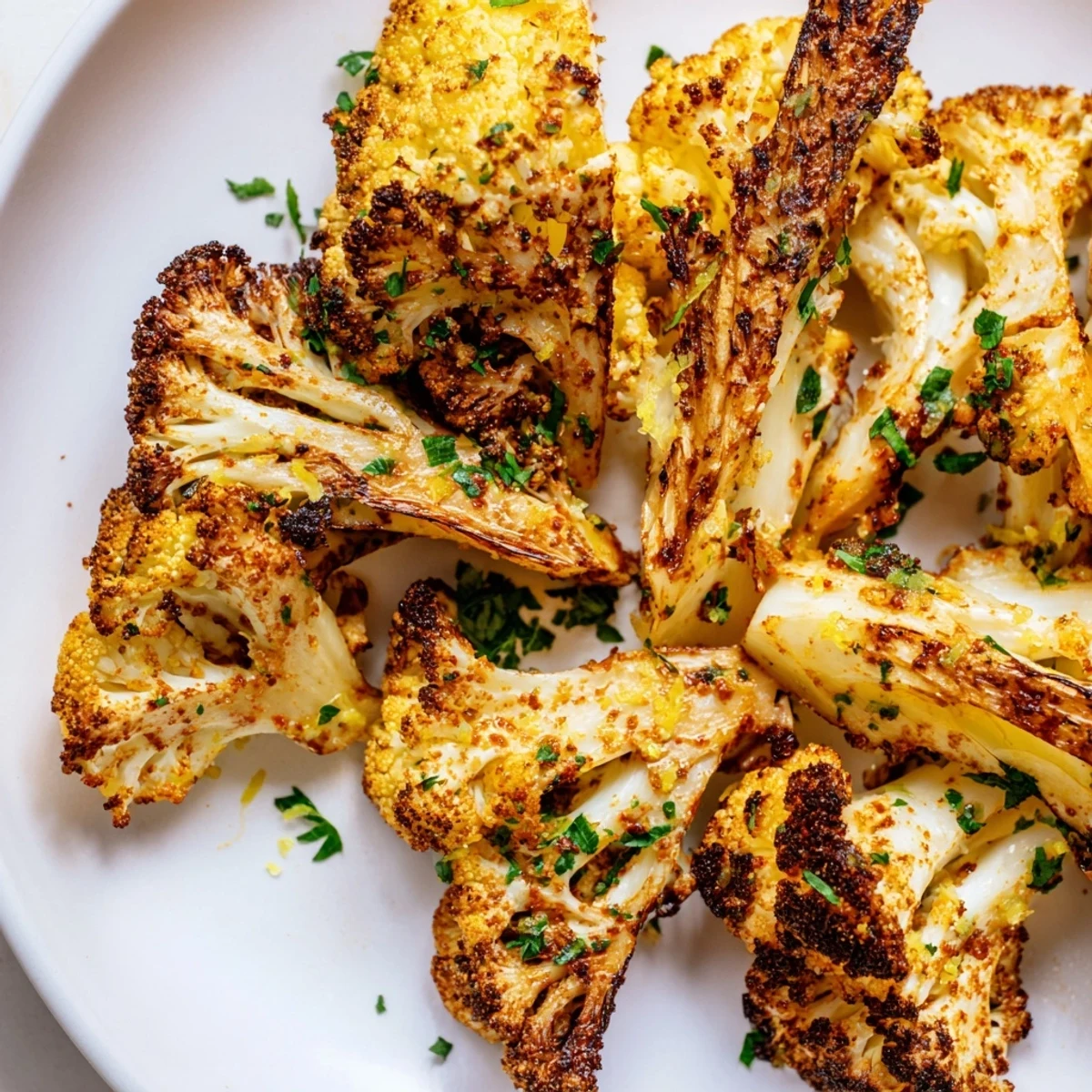 Tender smoky roasted cauliflower spears served hot alongside tahini sauce for dipping