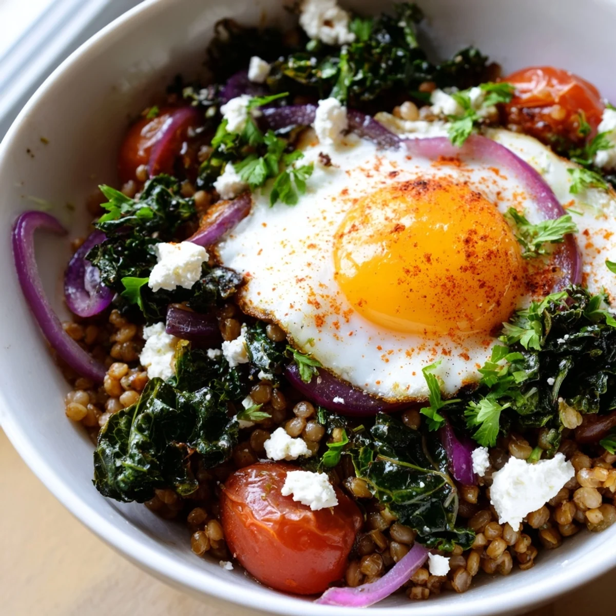 Savory Tomato and Kale Buckwheat Breakfast Bowl topped with a golden fried egg and crumbled feta cheese