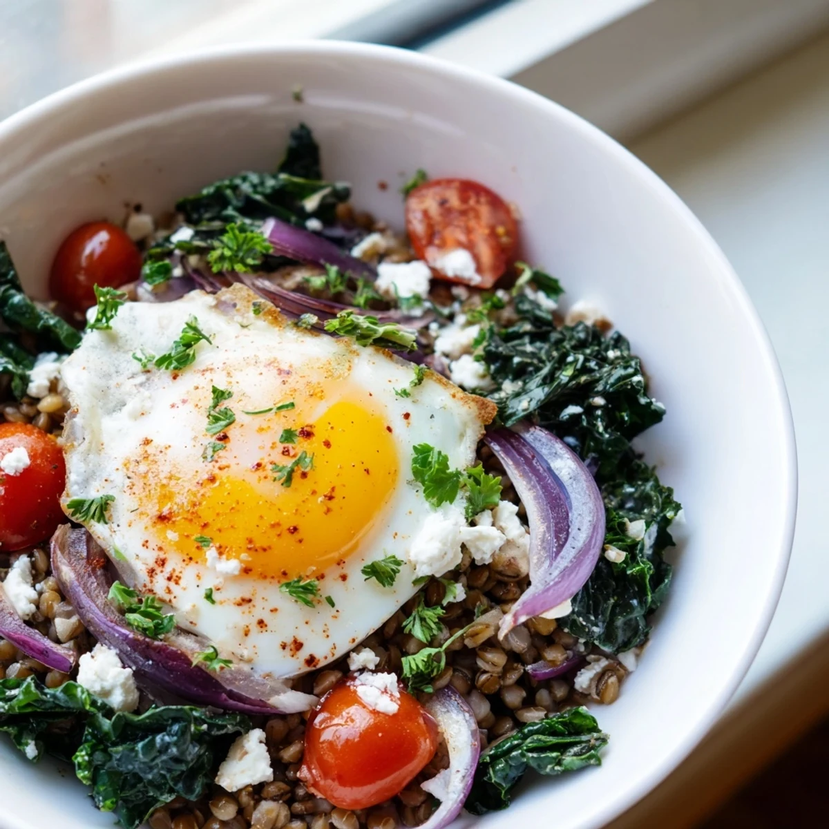 Warm bowl of tomato and kale buckwheat breakfast bowl garnished with fresh herbs and sautéed vegetables